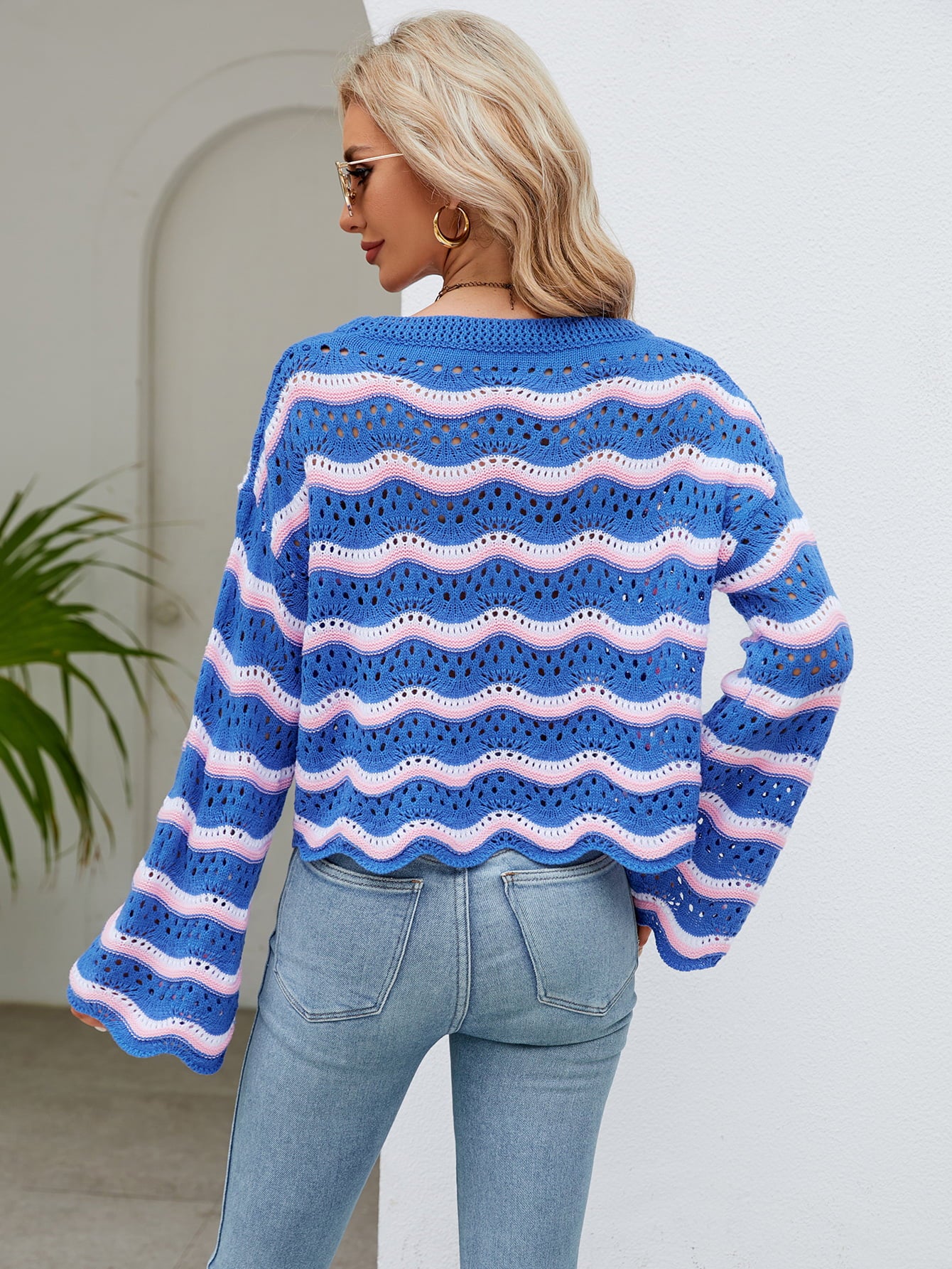 Round Neck Openwork Flare Sleeve Knit Top  - Doll Fits