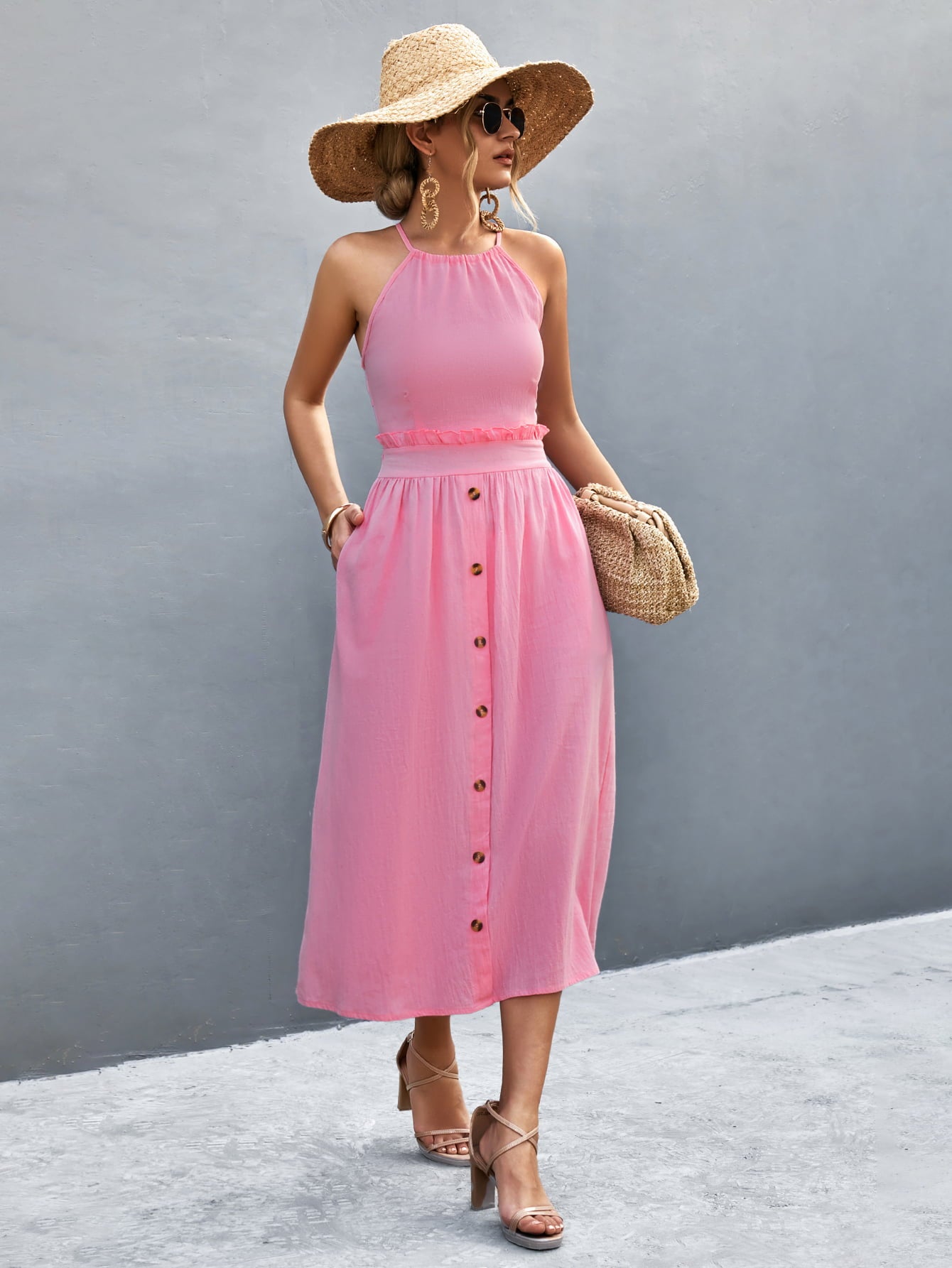 Buttoned Halter Neck Frill Trim Midi Dress  Dresses- Doll Fits