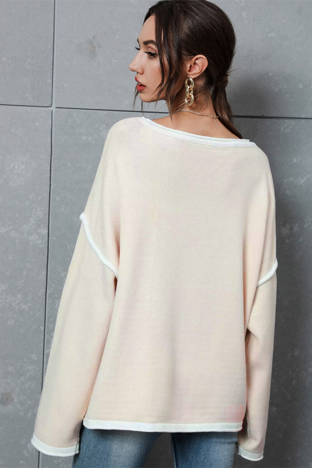 Contrast Detail Dropped Shoulder Knit Pullover  Shirts & Tops- Doll Fits