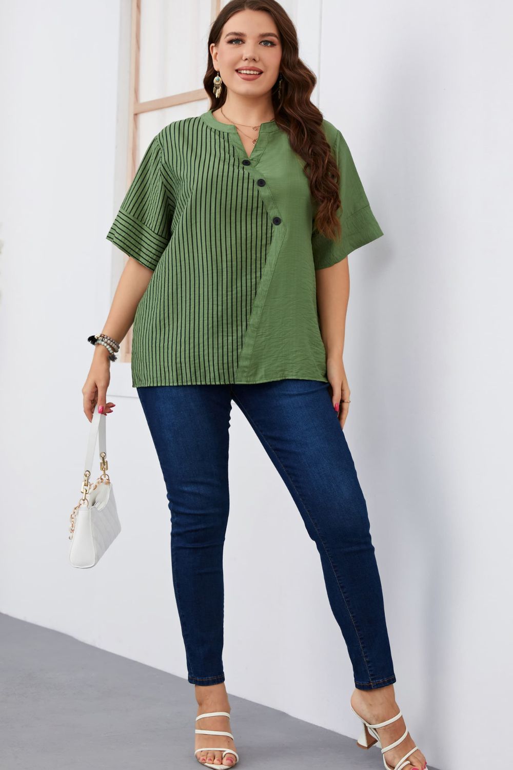 Plus Size Striped Notched Neck Half Sleeve Top  Shirts & Tops- Doll Fits