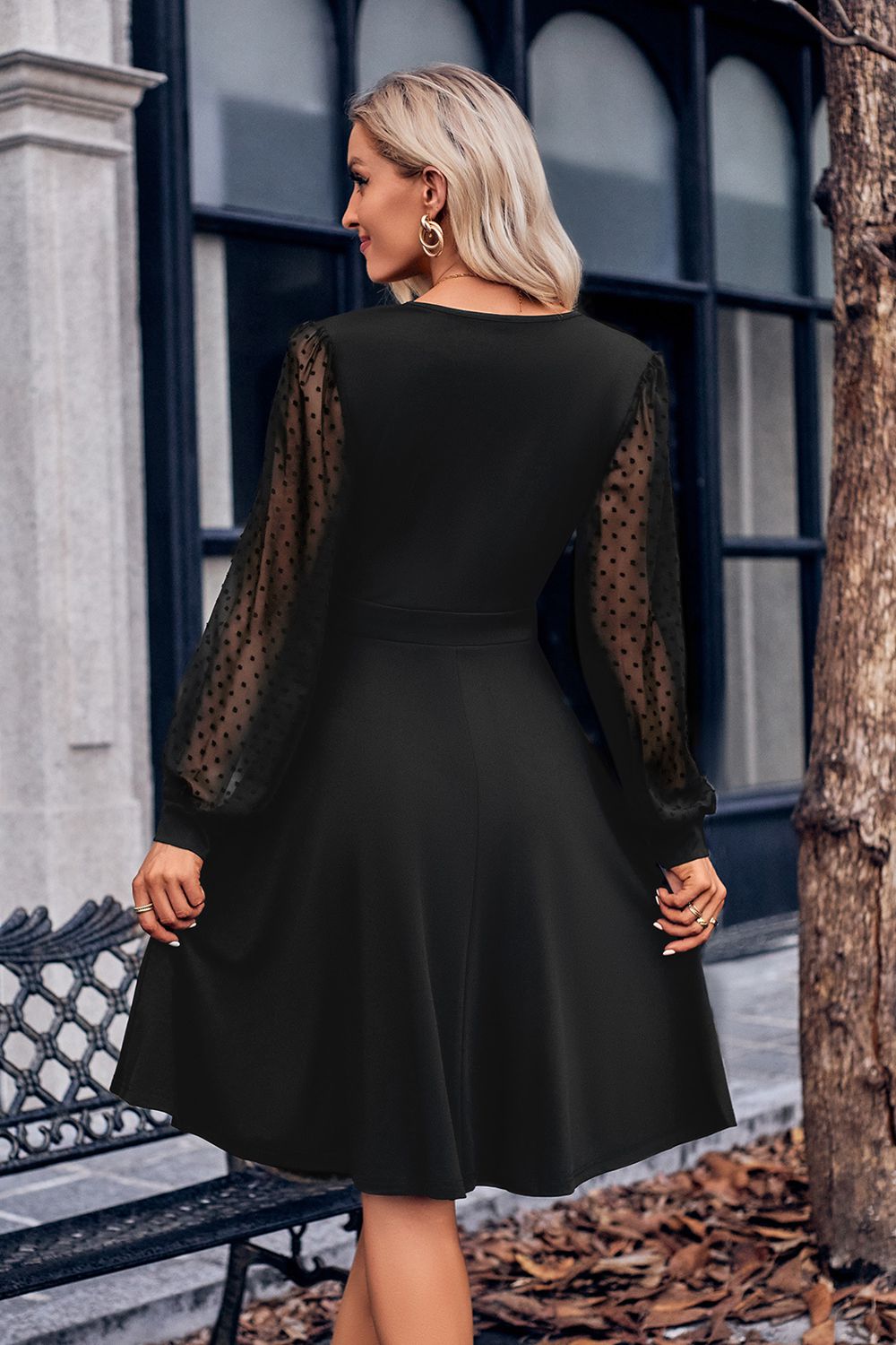 Surplice Neck Swiss Dot Long Sleeve Dress  Dresses- Doll Fits