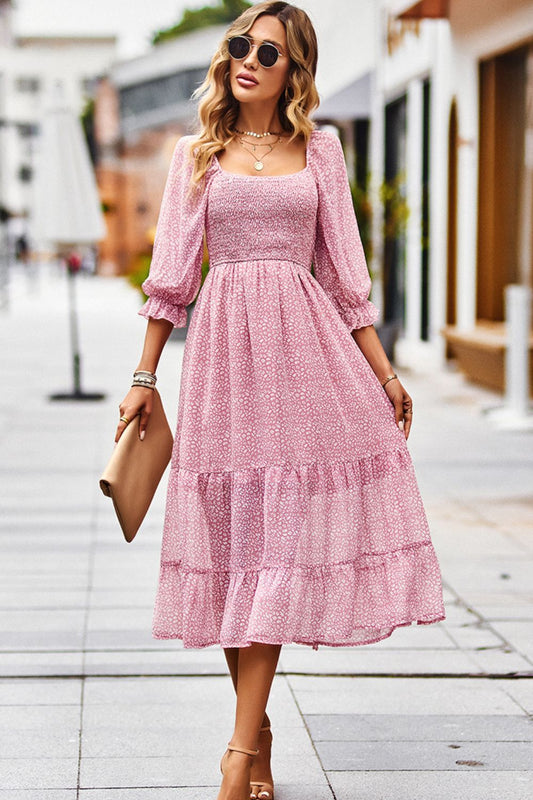 Leopard Square Neck Flounce Sleeve Midi Dress  Dresses- Doll Fits