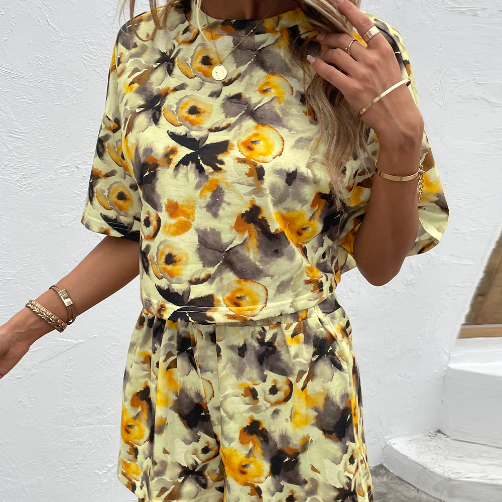 Printed Round Neck Dropped Shoulder Half Sleeve Top and Shorts Set  Outfit Sets- Doll Fits