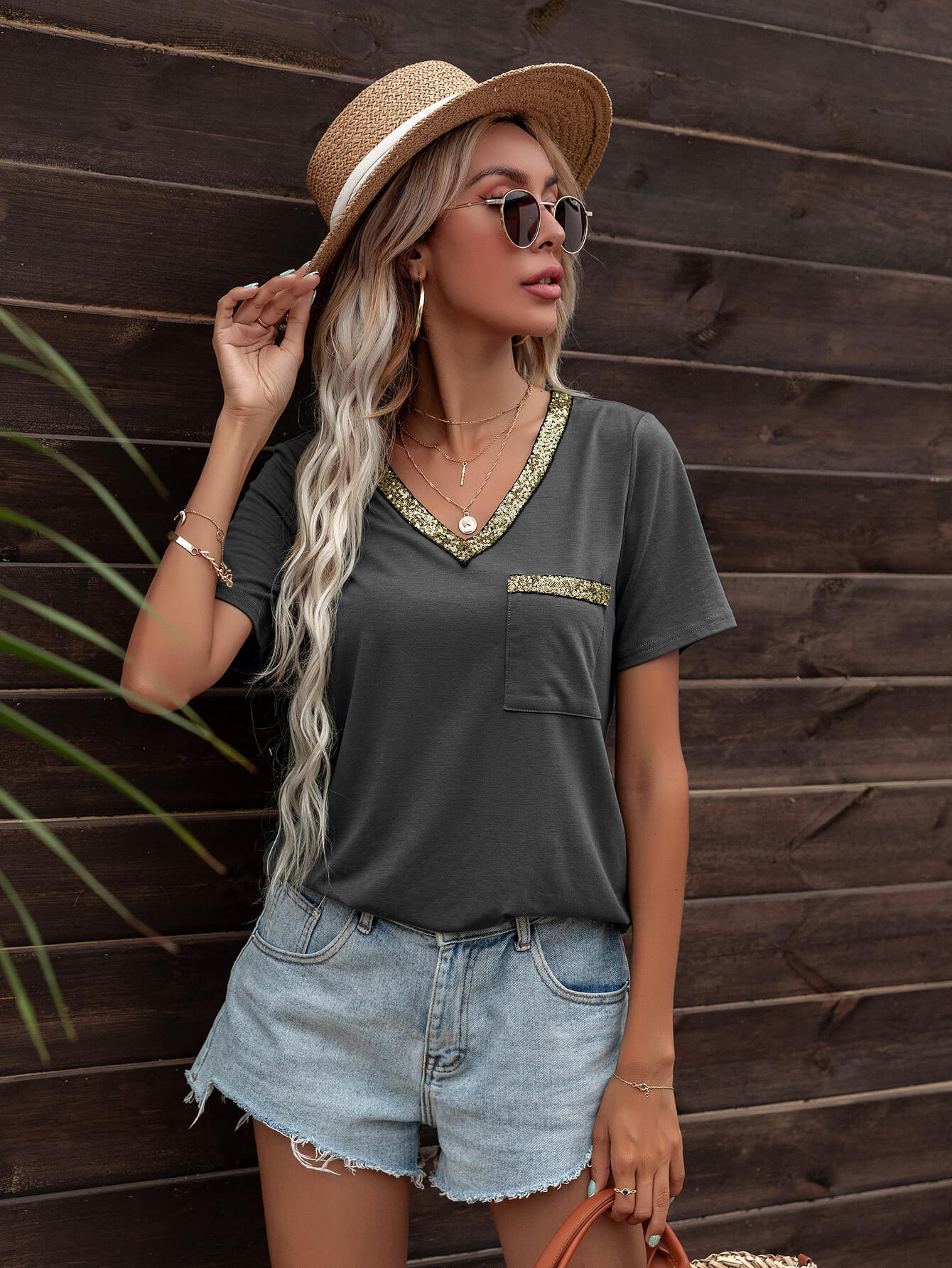 Glitter V-Neck Short Sleeve Tee Shirt  Shirts & Tops- Doll Fits