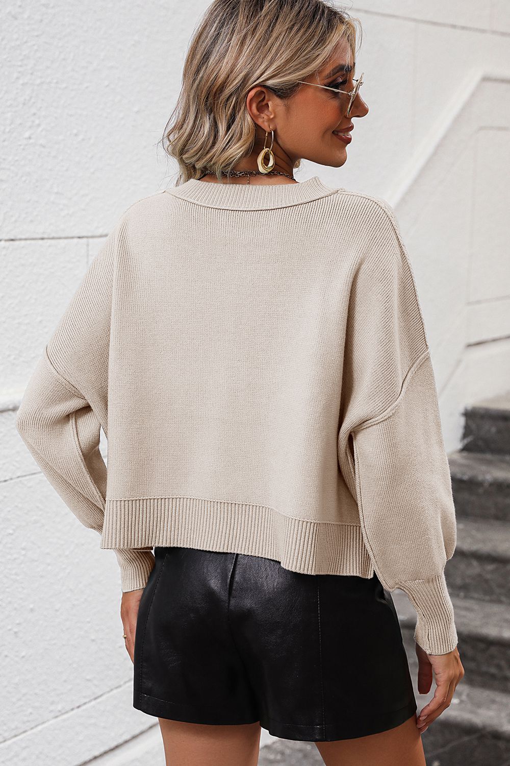 Round Neck Dropped Shoulder Pullover Sweater  - Doll Fits