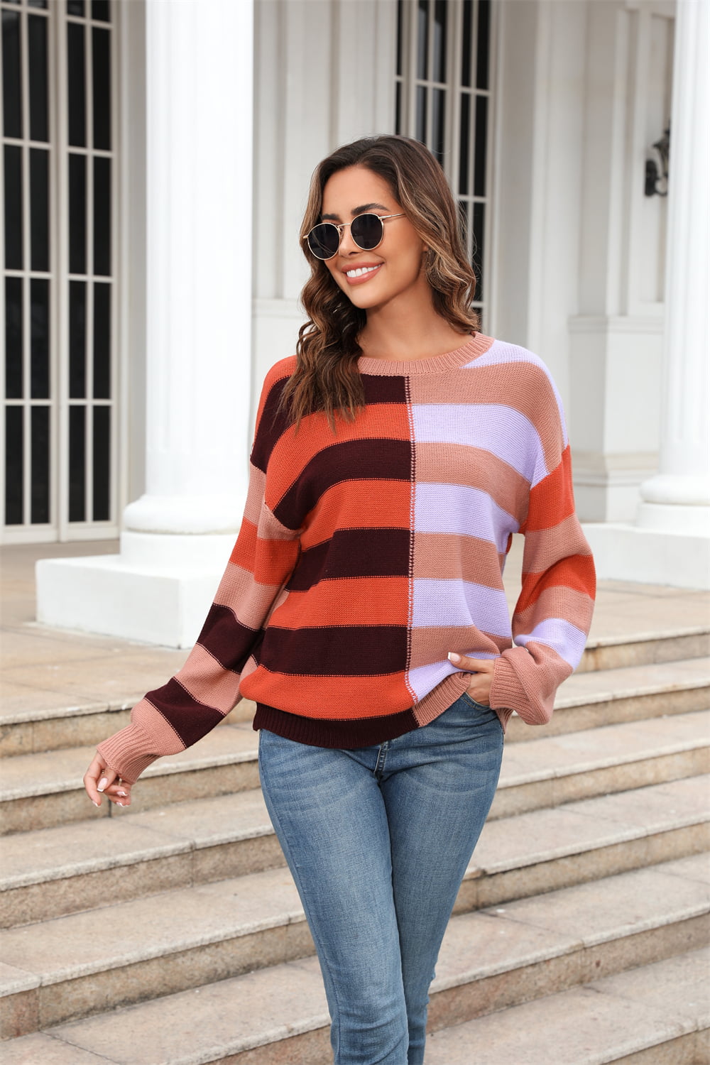 Round Neck Long Sleeve Color Block Dropped Shoulder Pullover Sweater  Shirts & Tops- Doll Fits
