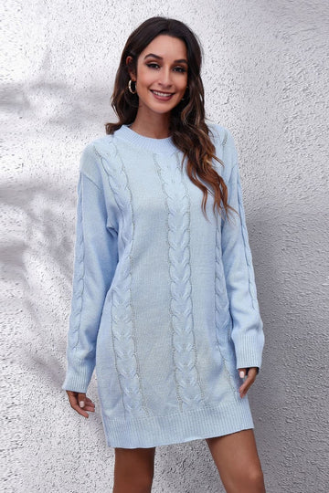 Cable-Knit Round Neck Sweater Dress  Dresses- Doll Fits