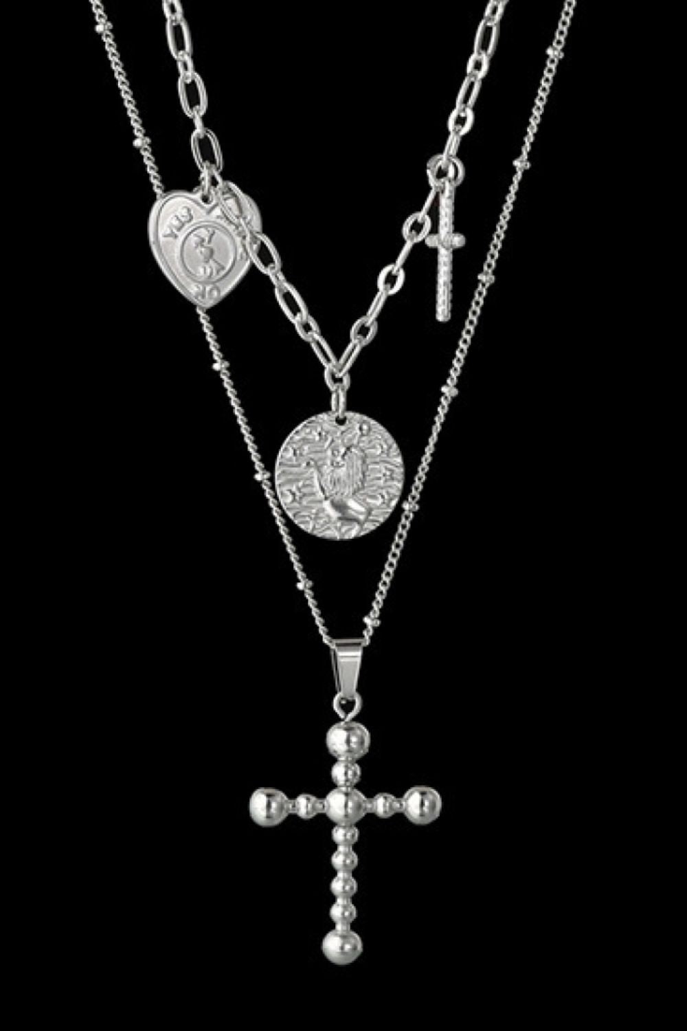 Stainless Steel Antique Coins & Cross Necklace  Necklaces- Doll Fits