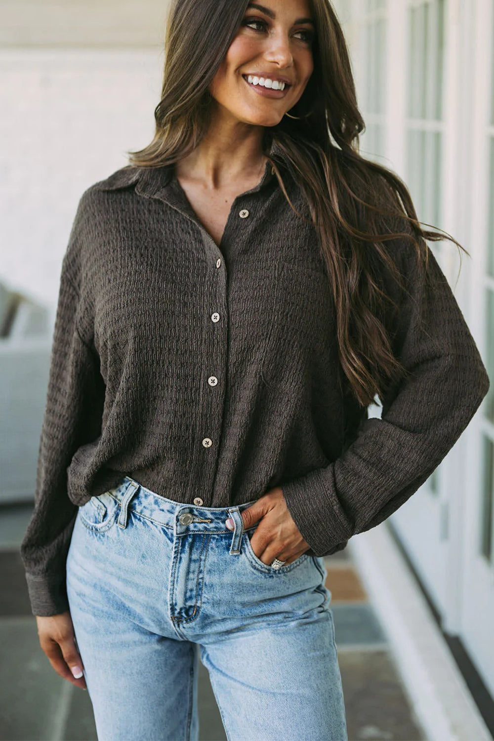 Twisted Collared Neck Long Sleeve Shirt  - Doll Fits