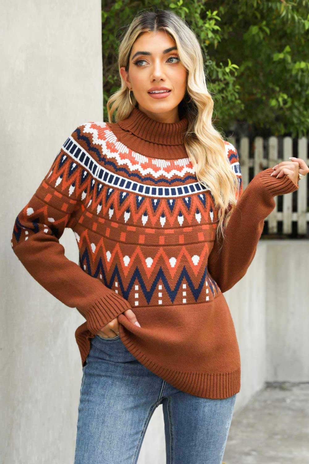 Chevron Turtleneck Ribbed Trim Sweater  Shirts & Tops- Doll Fits