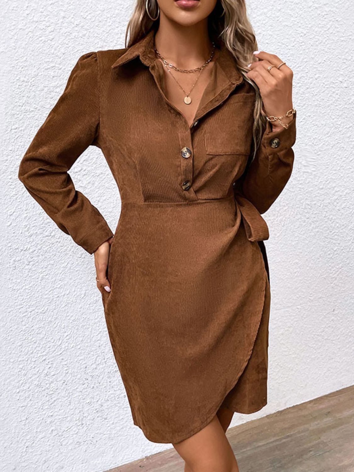Button-Down Collared Neck Long Sleeve Side Tie Dress  Dresses- Doll Fits