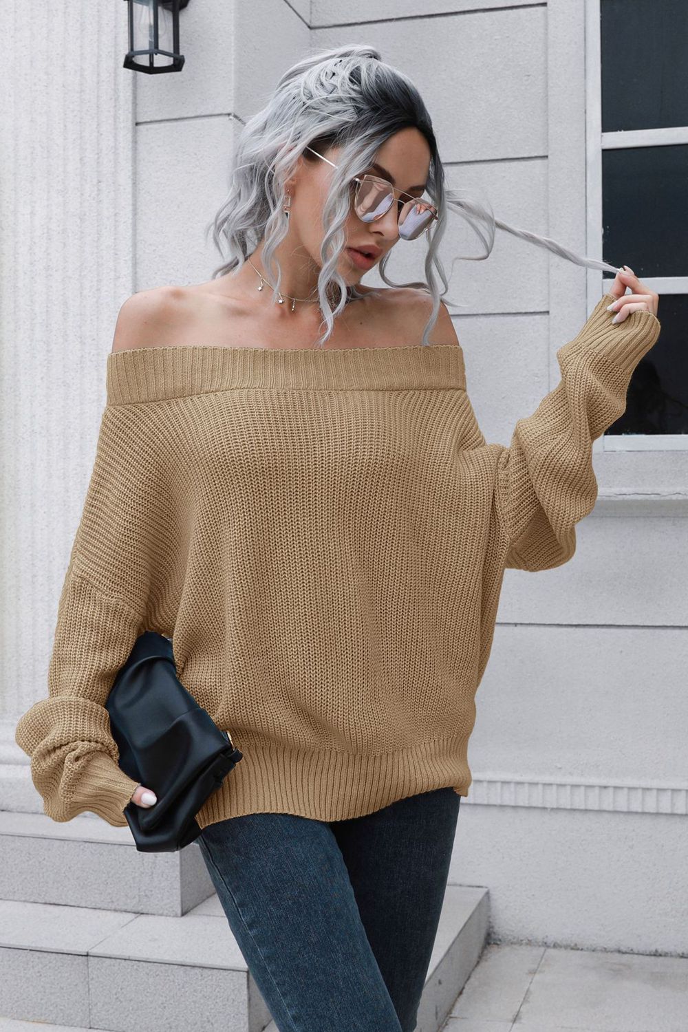 Off-Shoulder Ribbed Long Sleeve Pullover Sweater  - Doll Fits