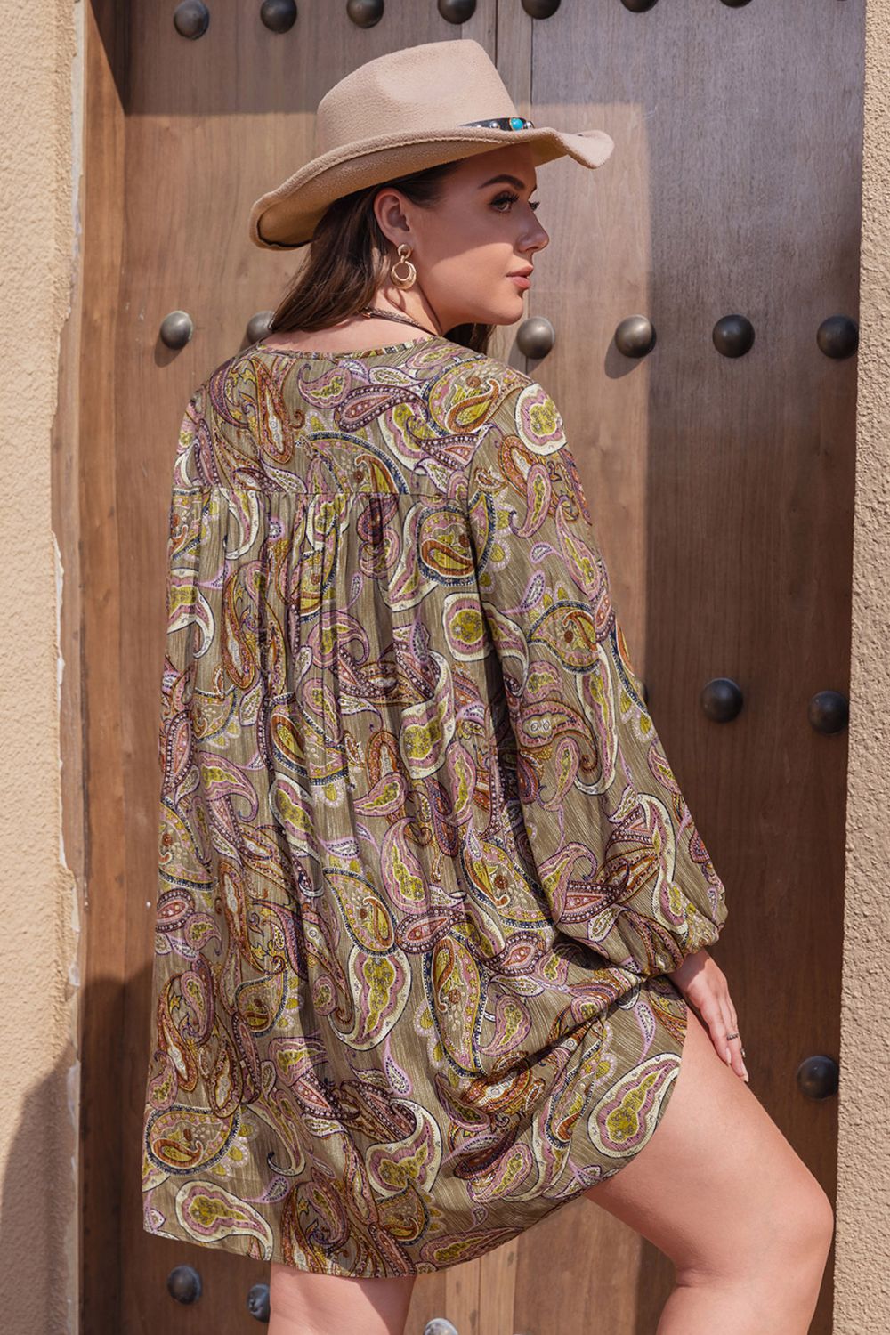 Plus Size Printed V-Neck Long Sleeve Midi Dress  Dresses- Doll Fits