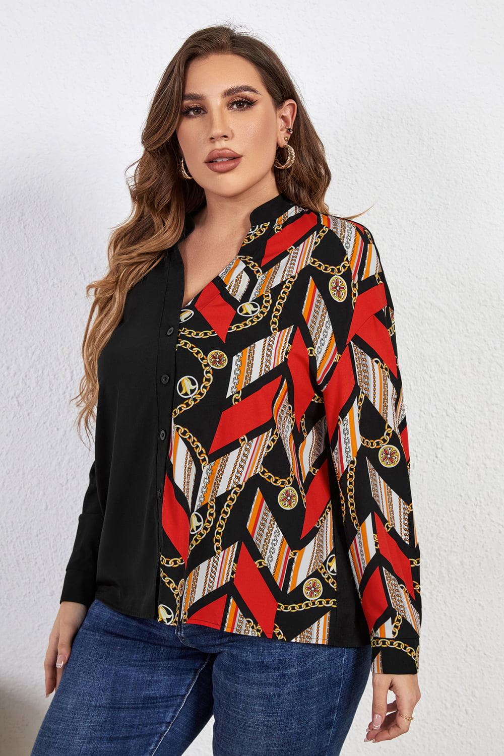 Melo Apparel Plus Size Contrast Color Notched Neck Shirt  - Doll Fits