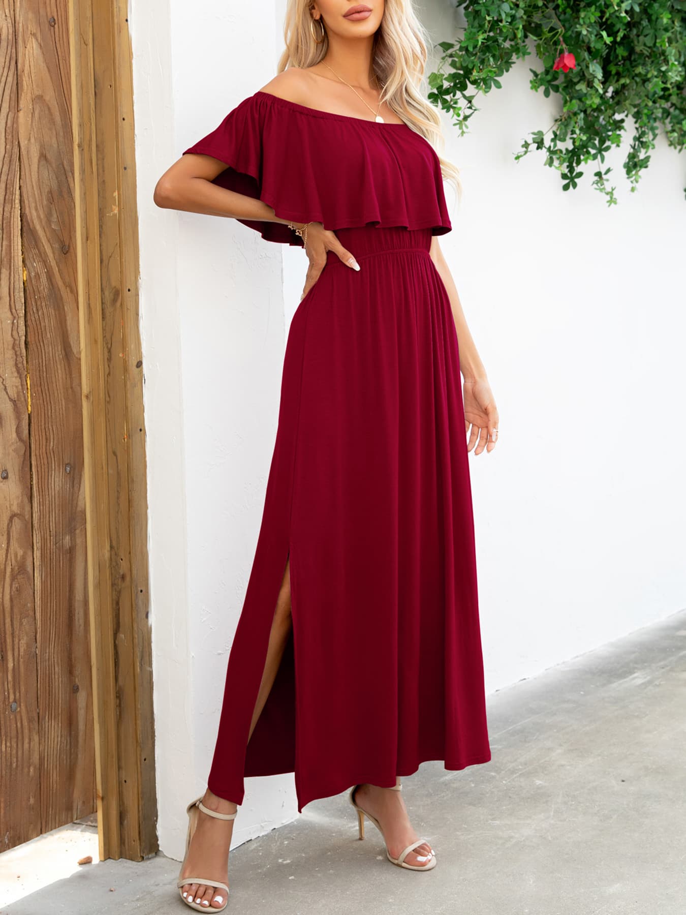 Off-Shoulder Slit Maxi Dress  Dresses- Doll Fits