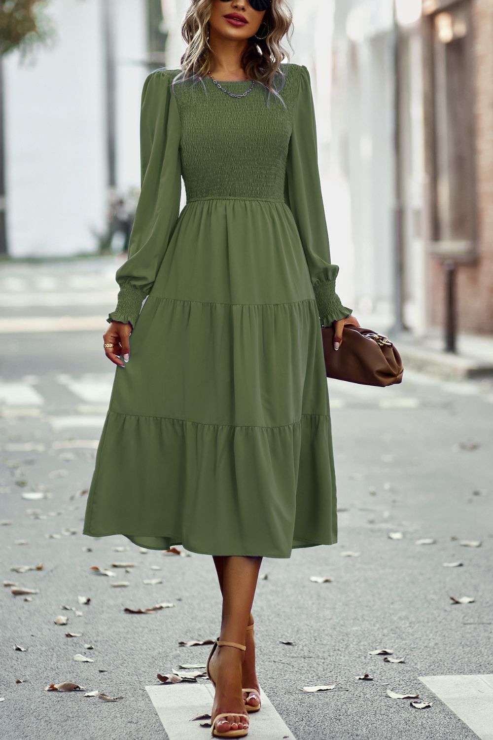 Smocked Long Puff Sleeve Tiered Midi Dress  Dresses- Doll Fits