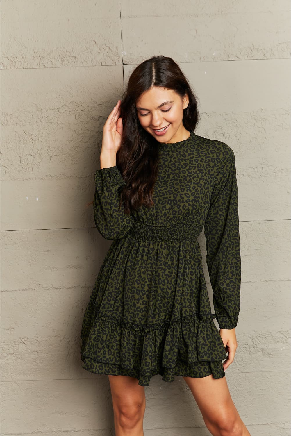 Leopard Smock Waist Long Sleeve Dress  Dresses- Doll Fits