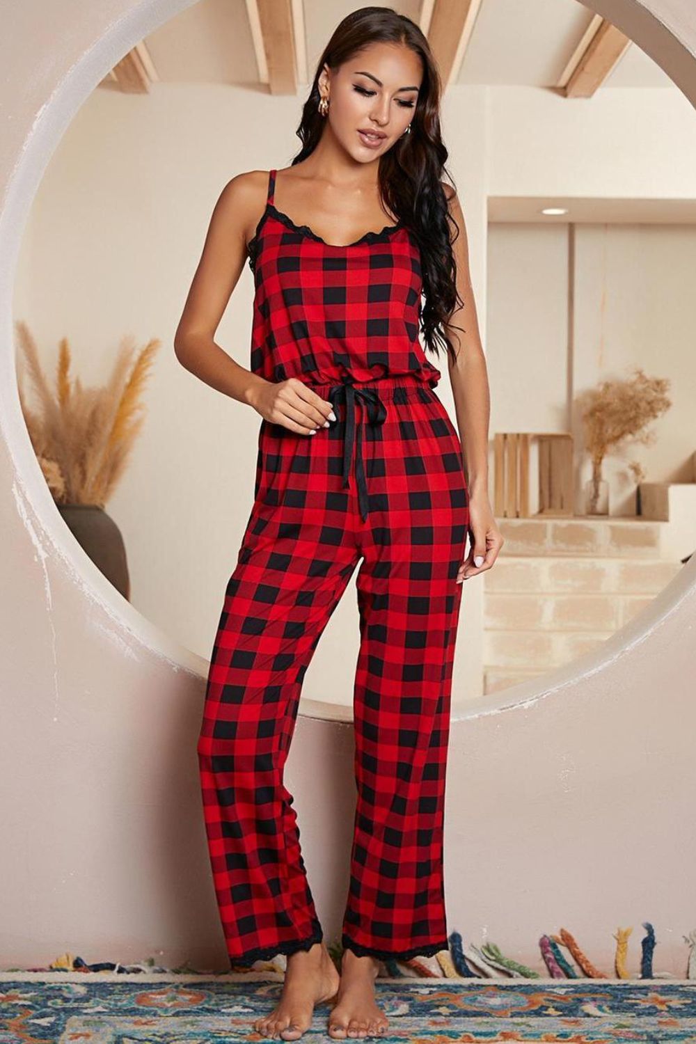 Plaid Lace Trim Spaghetti Strap Jumpsuit  Jumpsuits & Rompers- Doll Fits