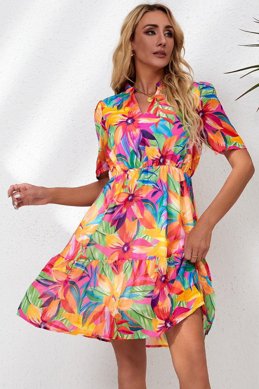 Floral Notched Neck Short Sleeve Dress  Dresses- Doll Fits