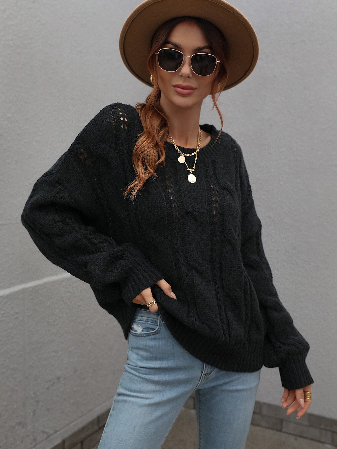 Cable-Knit Openwork Round Neck Sweater  Shirts & Tops- Doll Fits
