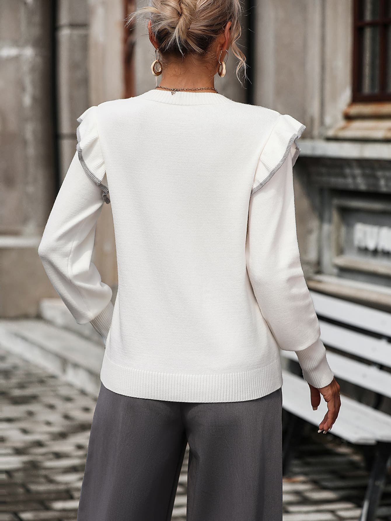 Round Neck Ruffle Trim Long Sleeve Pullover Sweater  - Doll Fits