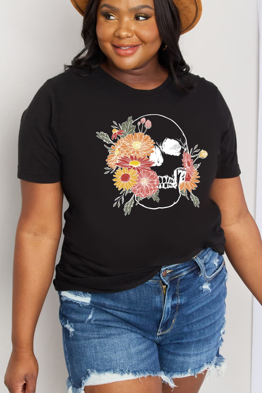 Simply Love Full Size Flower Skull Graphic Cotton Tee  Shirts & Tops- Doll Fits