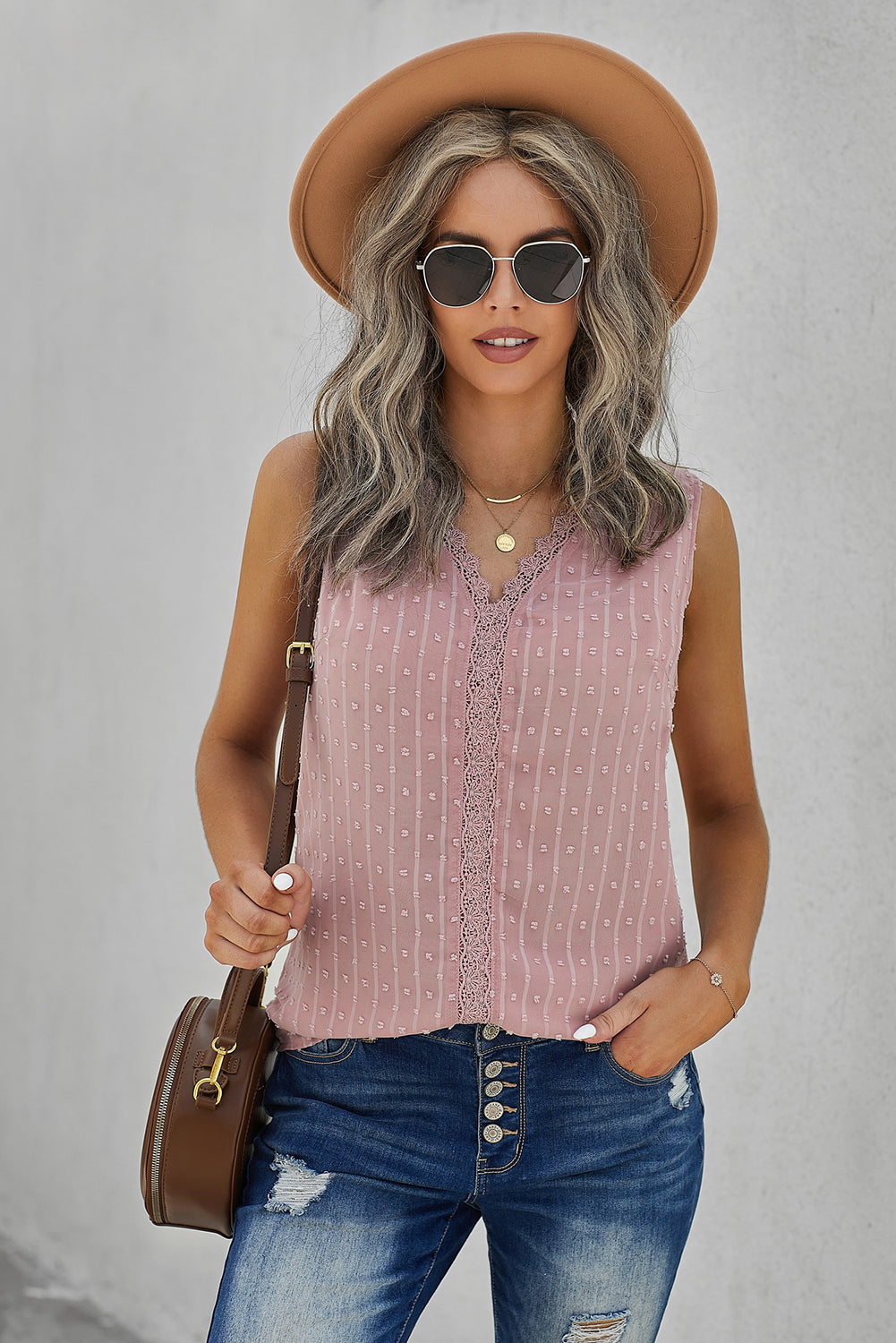 Swiss Dot Lace Detail Plunge Tank  Shirts & Tops- Doll Fits