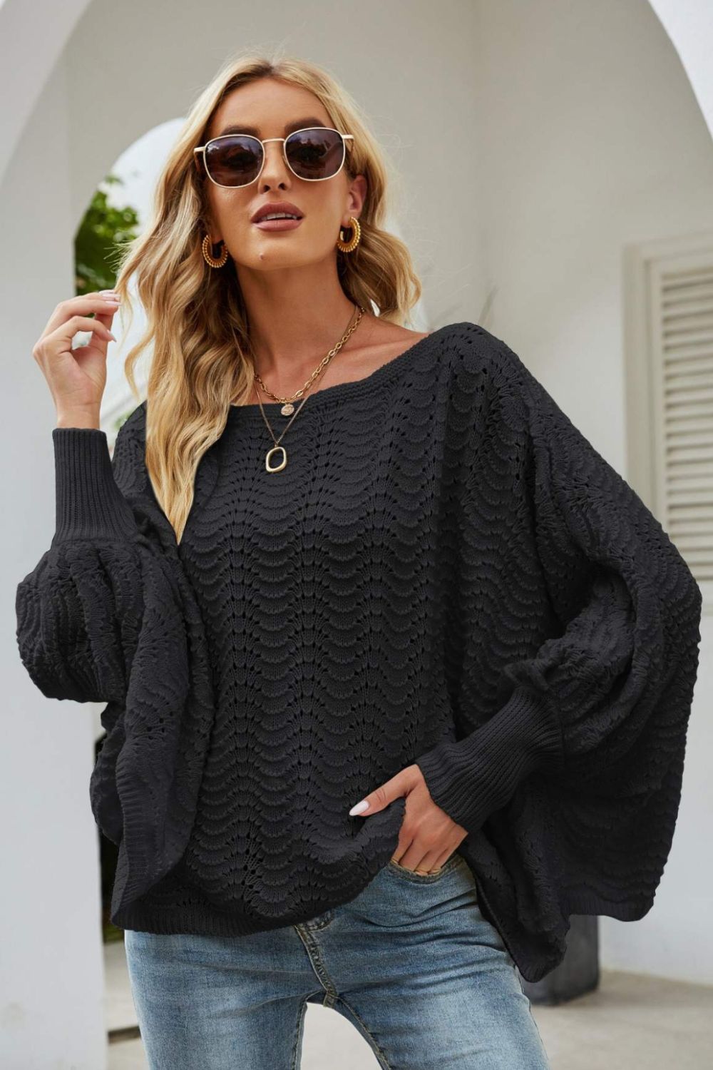Openwork Boat Neck Dolman Sleeve Sweater  Shirts & Tops- Doll Fits