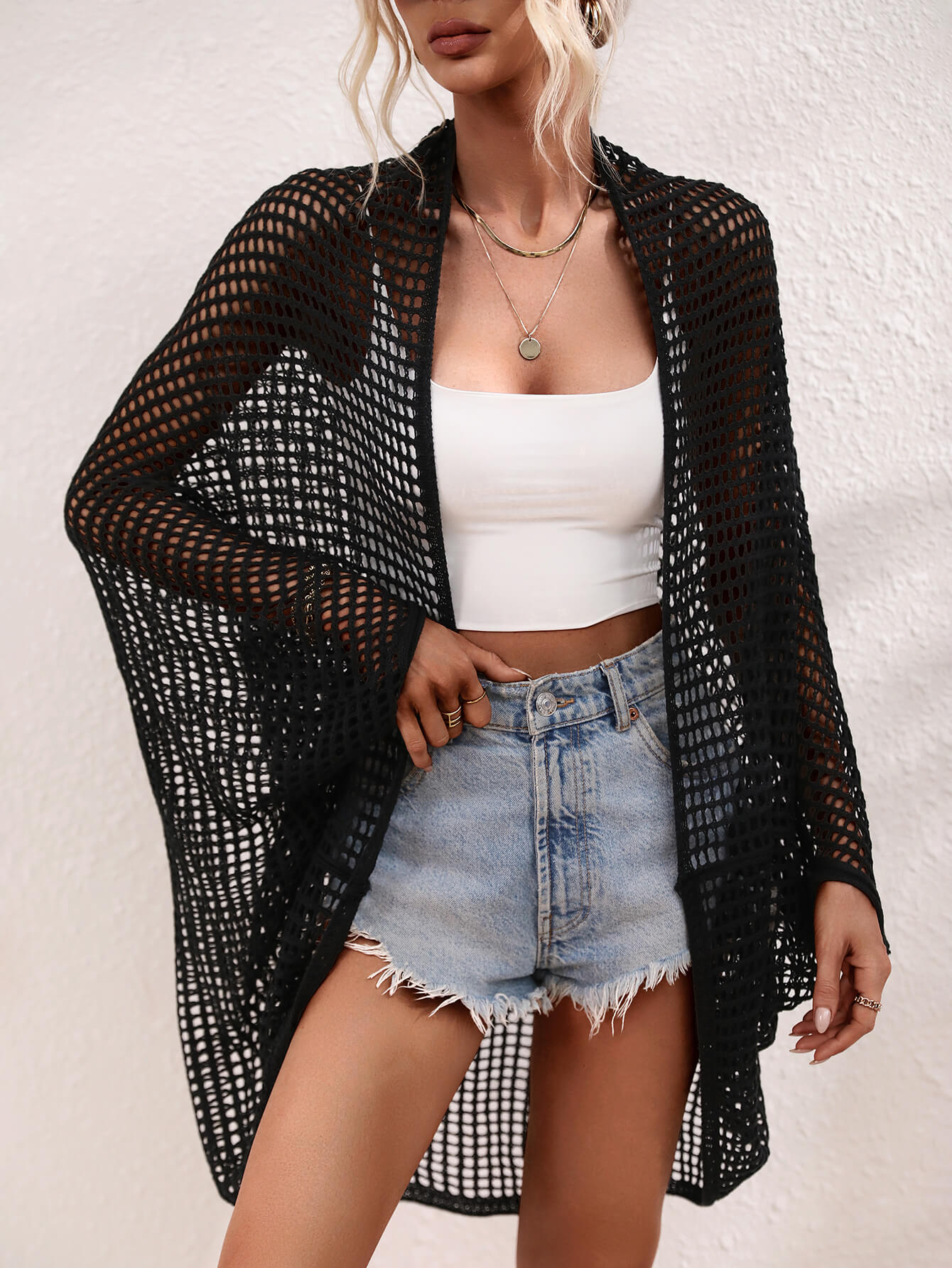 Openwork Open Front Longline Cover Up  Swimwear- Doll Fits