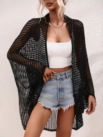 Openwork Open Front Longline Cover Up  Swimwear- Doll Fits