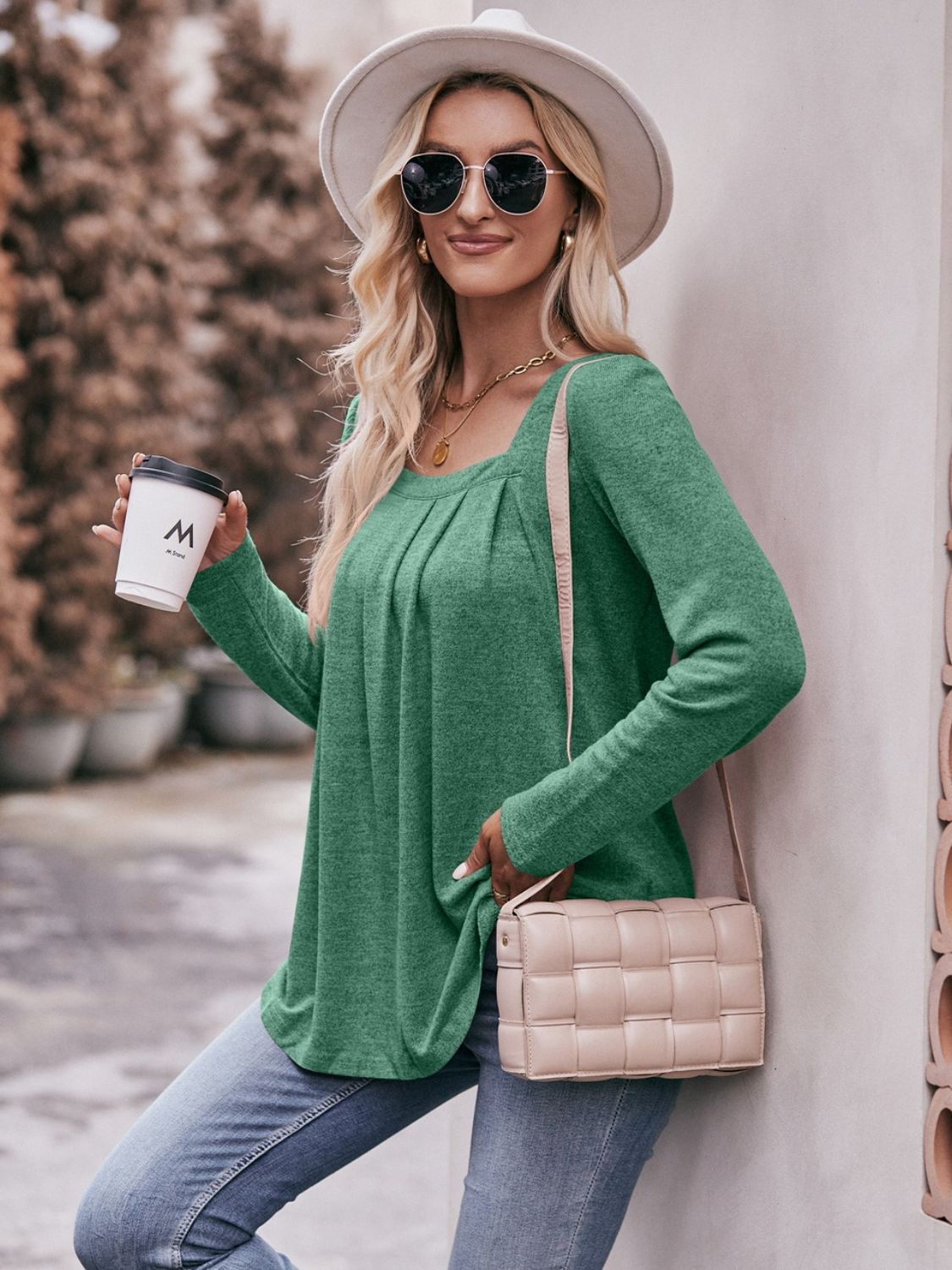 Pleated Detail Curved Hem Long Sleeve Top  Shirts & Tops- Doll Fits
