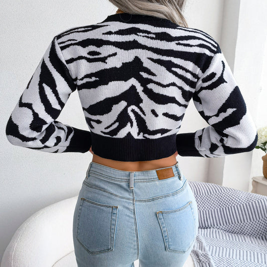 Tiger Print Mock Neck Cropped Sweater  Shirts & Tops- Doll Fits