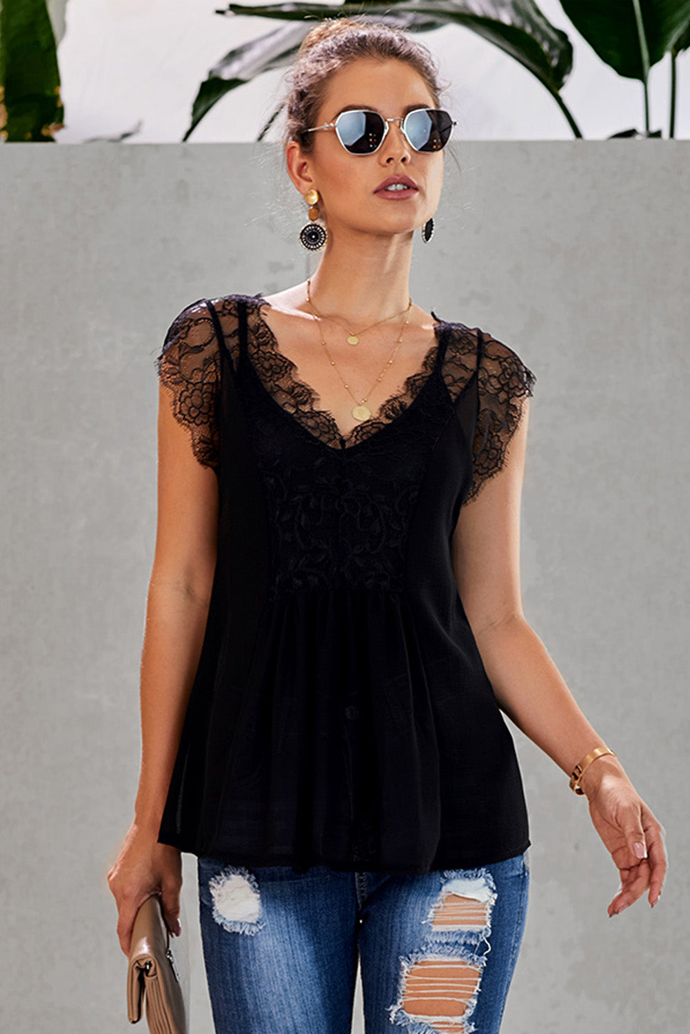 Eyelash Trim Spliced Lace V-Neck Tank  Shirts & Tops- Doll Fits