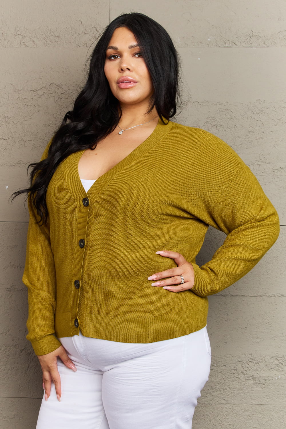 Zenana Kiss Me Tonight Full Size Button Down Cardigan in Chartreuse  - Doll Fits