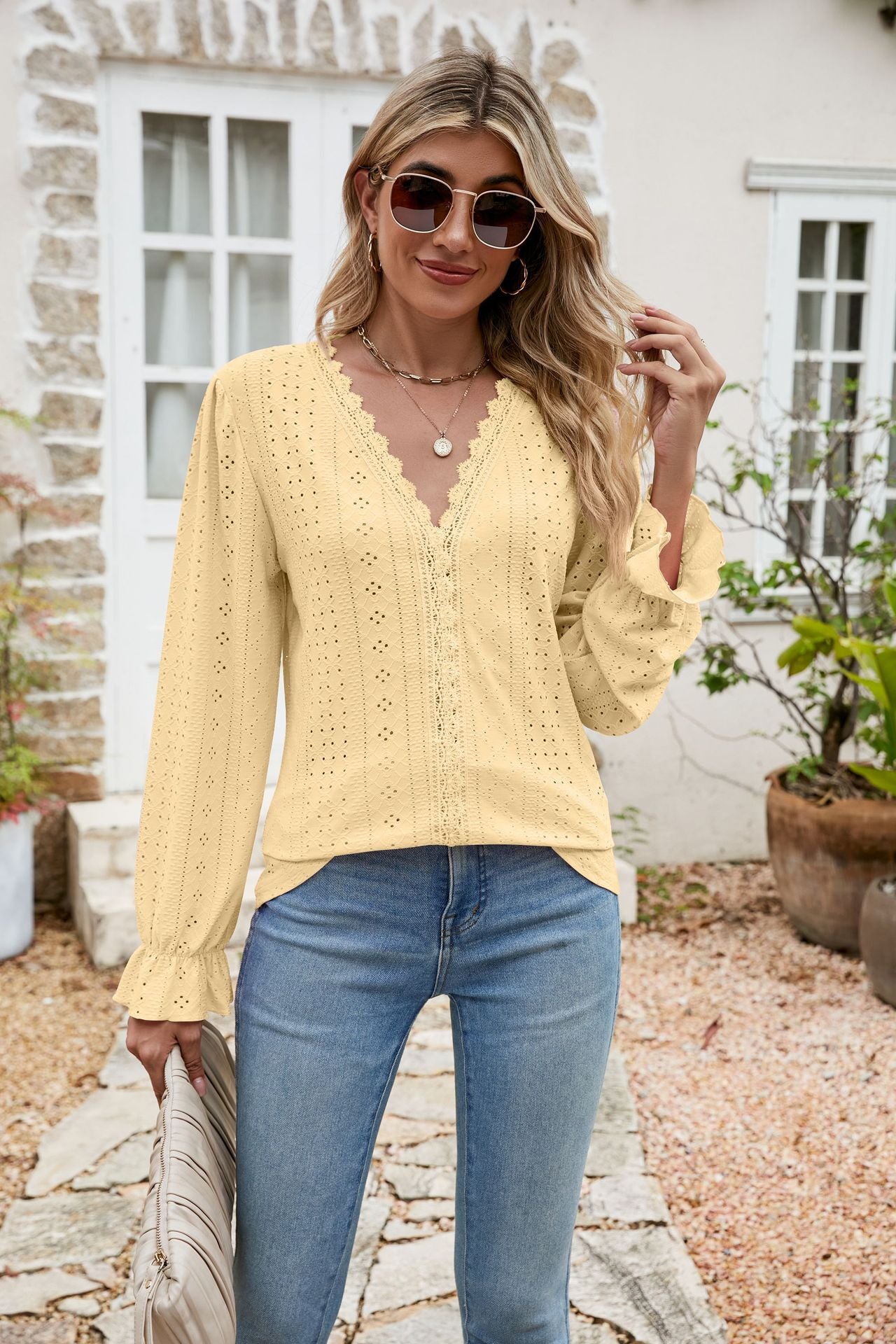Eyelet Lace Trim Flounce Sleeve Blouse  Shirts & Tops- Doll Fits
