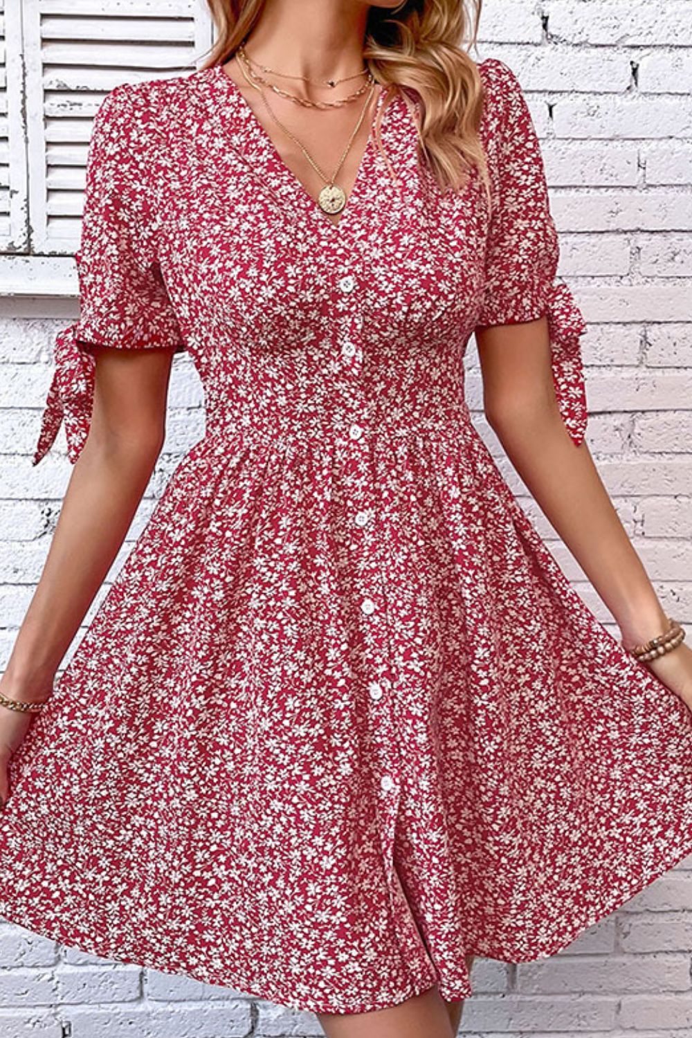 Ditsy Floral Tied Puff Sleeve Button Front Dress  Dresses- Doll Fits