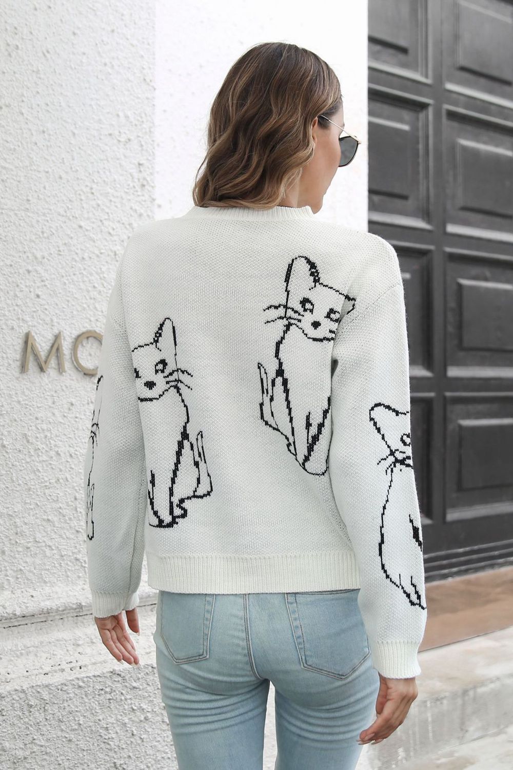 Cat Pattern Round Neck Long Sleeve Pullover Sweater  - Doll Fits