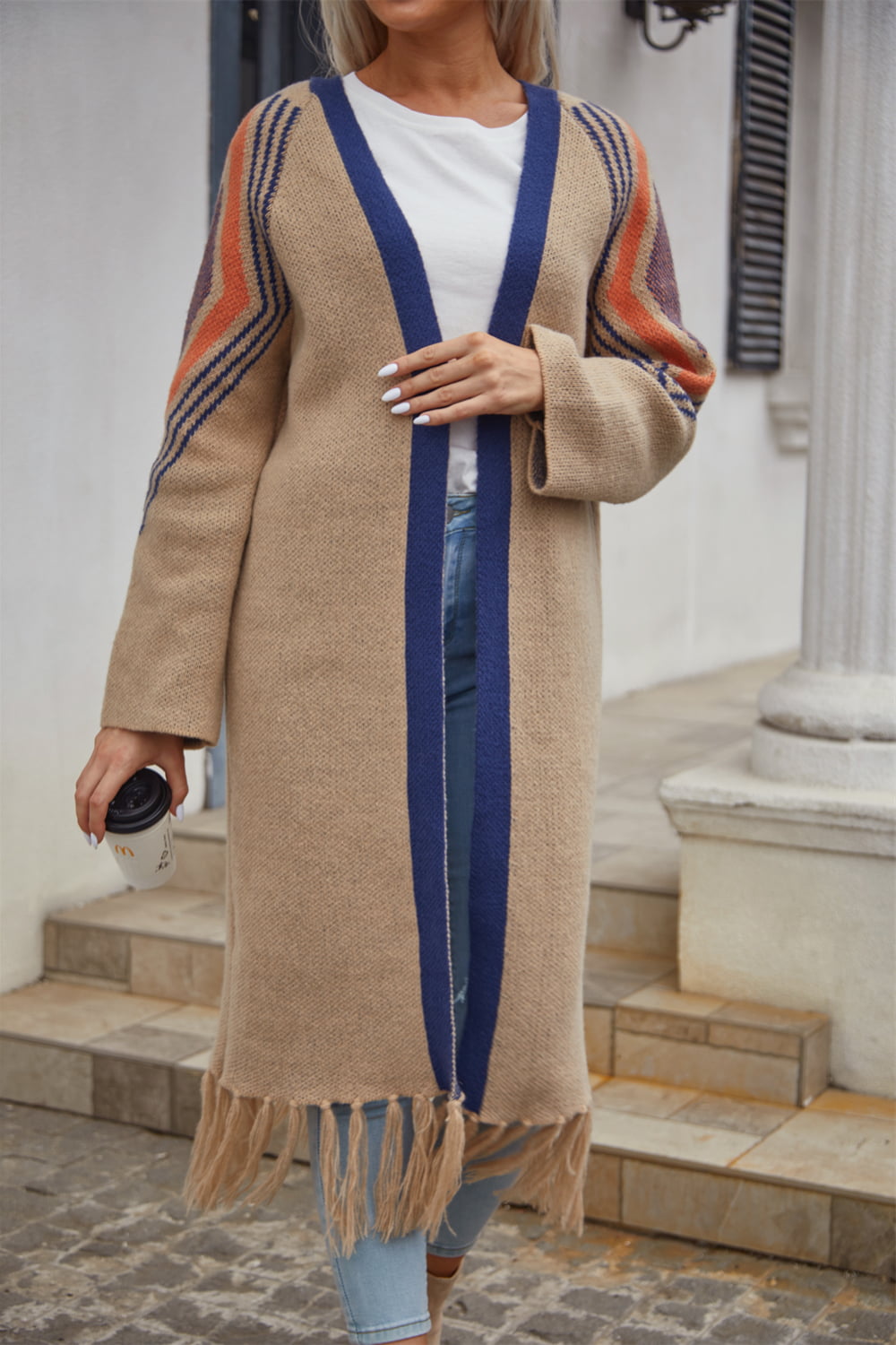Double Take Geometric Fringe Hem Open Front Duster Cardigan  - Doll Fits