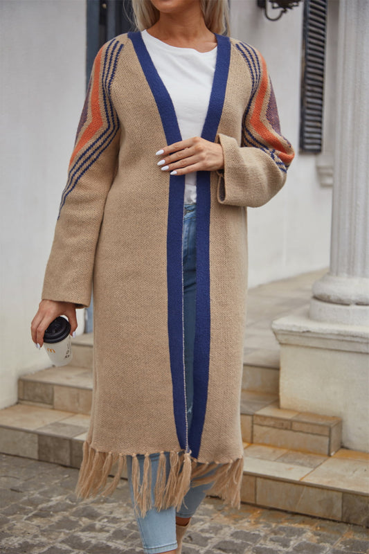 Double Take Geometric Fringe Hem Open Front Duster Cardigan  - Doll Fits