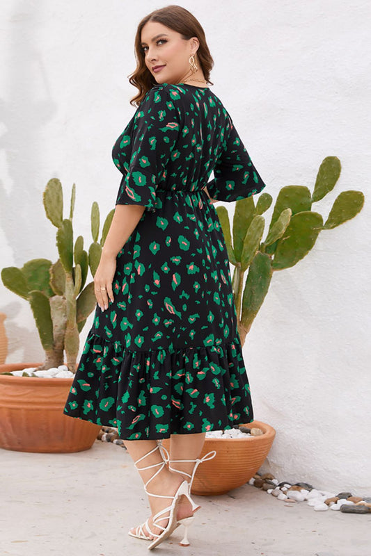 Plus Size Printed Flare Sleeve V-Neck Dress  Dresses- Doll Fits