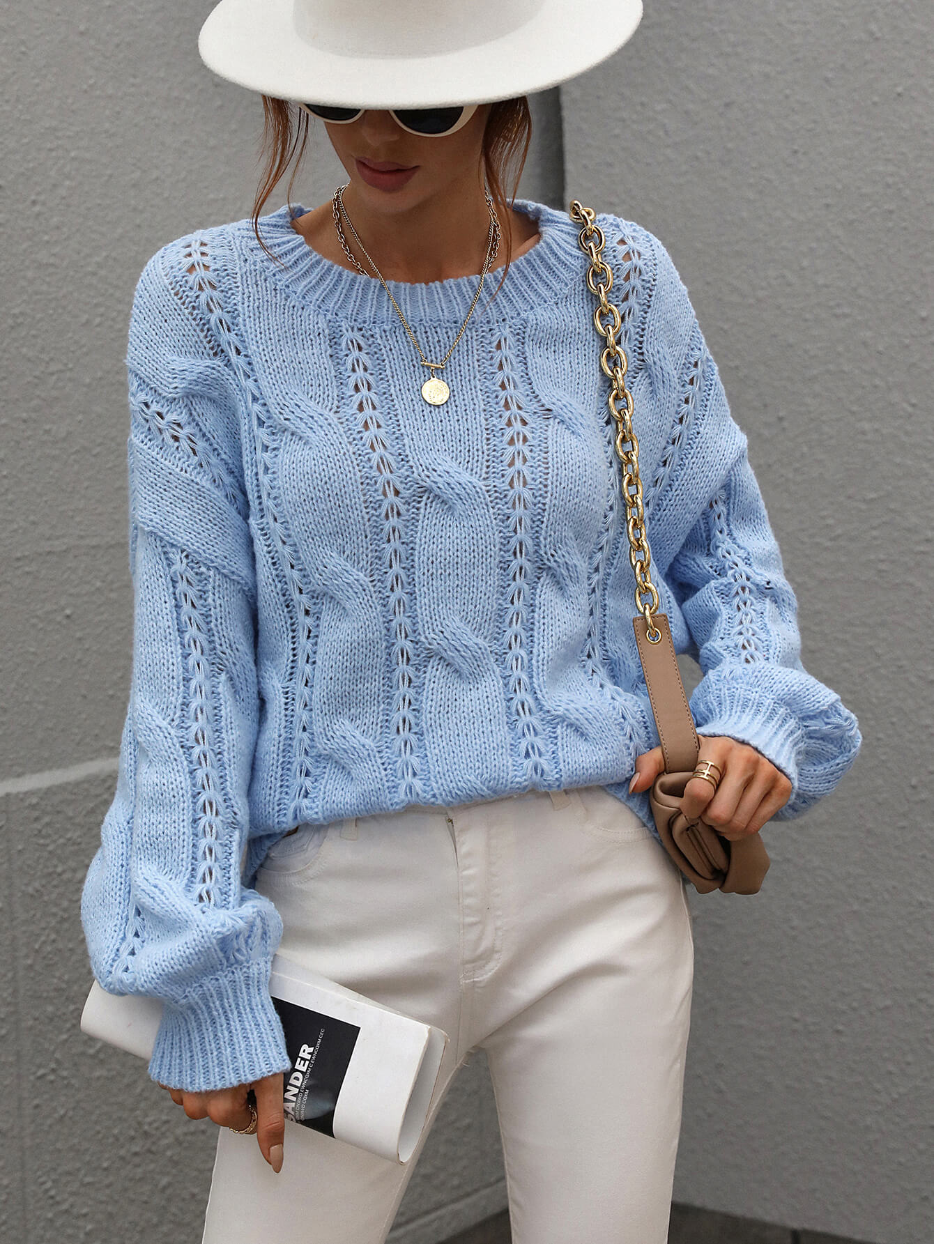 Cable-Knit Openwork Round Neck Sweater  Shirts & Tops- Doll Fits