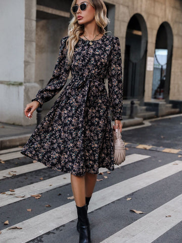 Printed Tie Belt Balloon Sleeve Dress  Dresses- Doll Fits