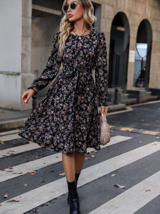 Printed Tie Belt Balloon Sleeve Dress  Dresses- Doll Fits