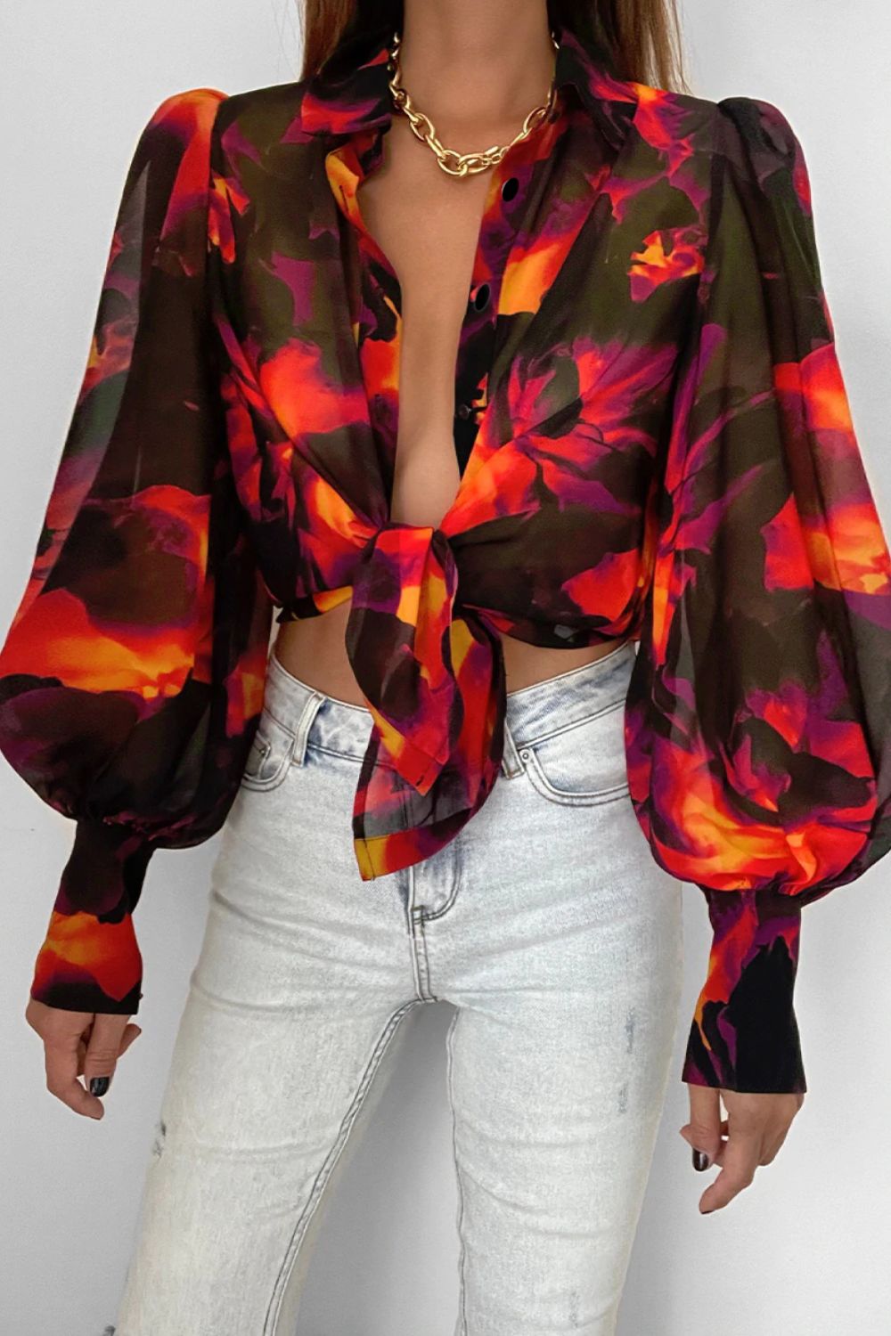 Double Take Flower Print Collared Neck Lantern Sleeve Shirt  - Doll Fits