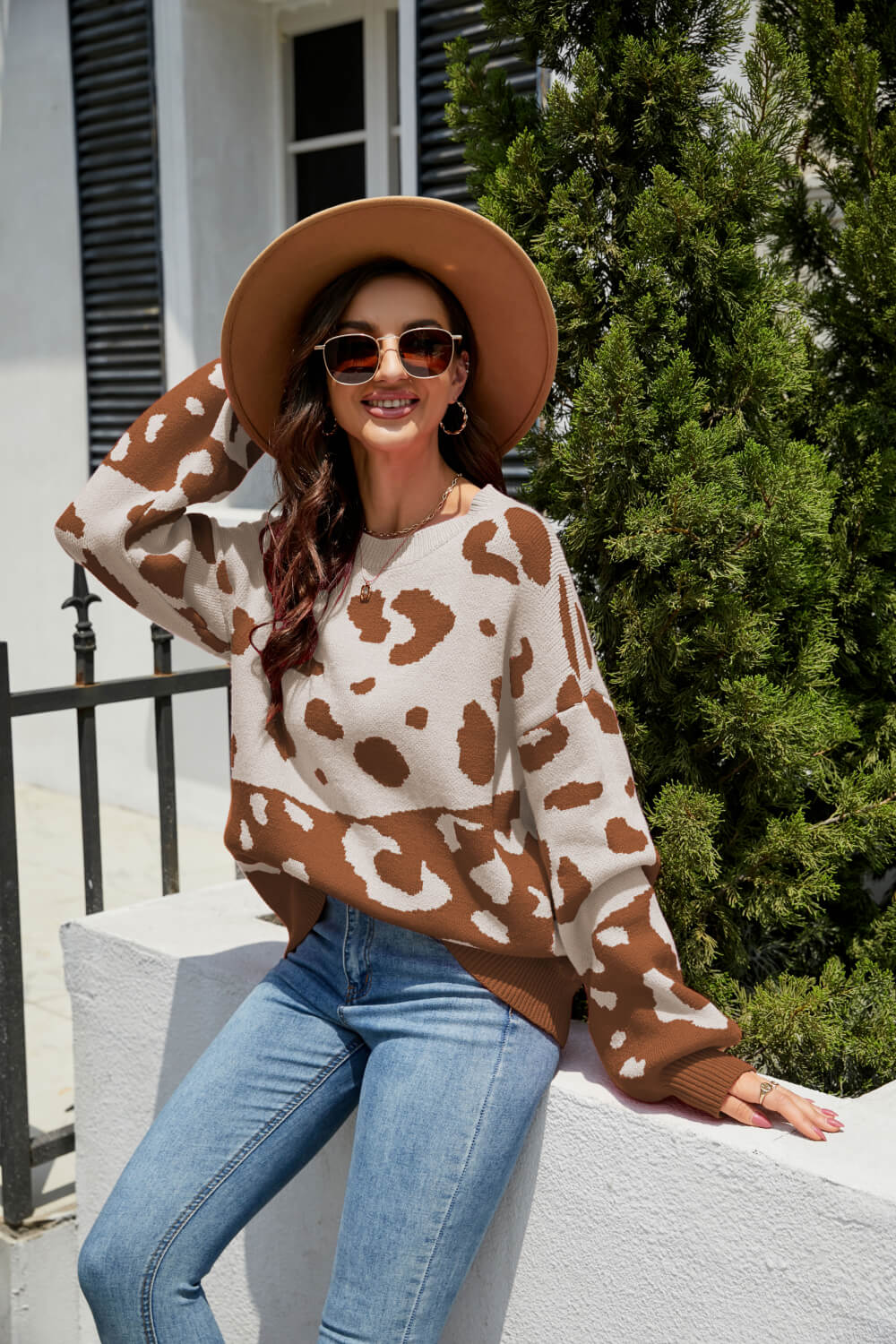 Leopard Ribbed Trim Dropped Shoulder Sweater  Shirts & Tops- Doll Fits