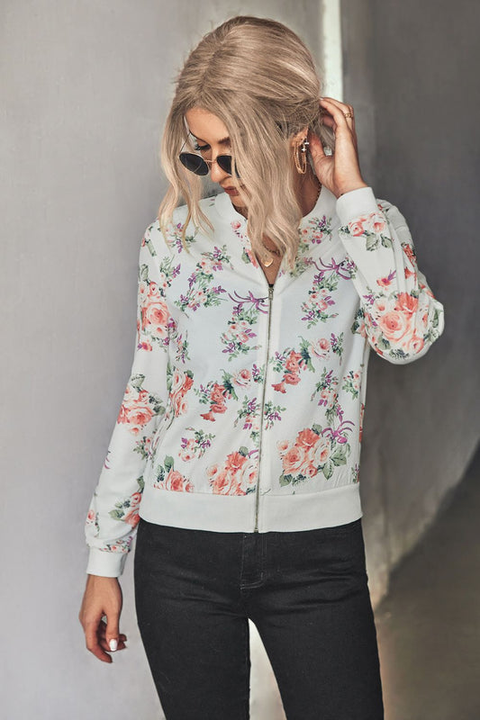 Floral Zip Up Ribbed Trim Bomber Jacket  Coats & Jackets- Doll Fits