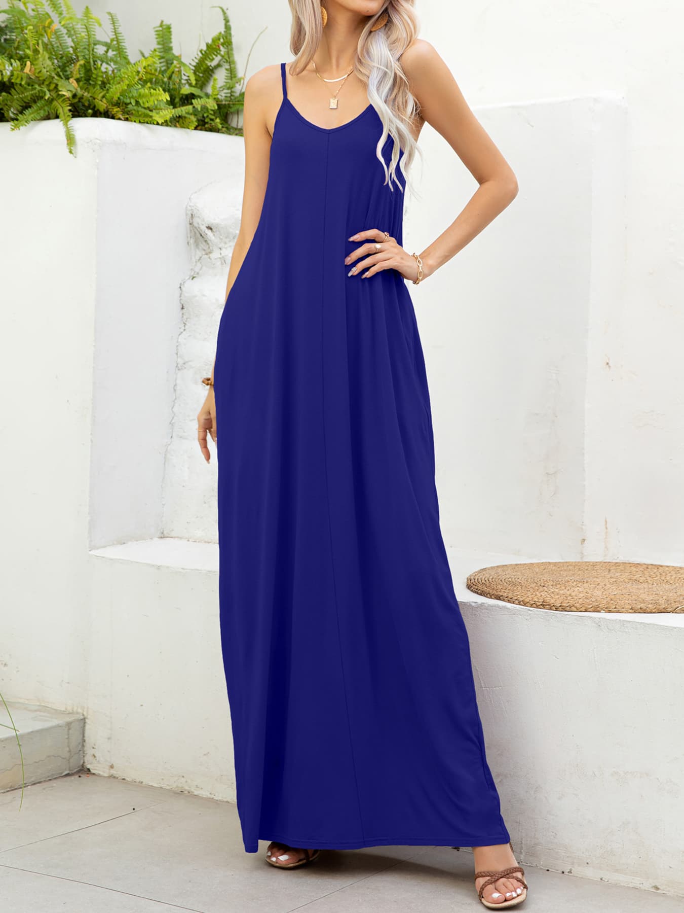 Spaghetti Strap V-Neck Maxi Dress with Pockets  Dresses- Doll Fits