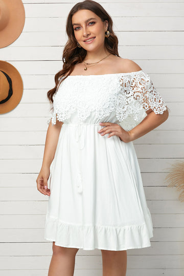 Plus Size Tassel Tie Spliced Lace Off-Shoulder Dress  Dresses- Doll Fits