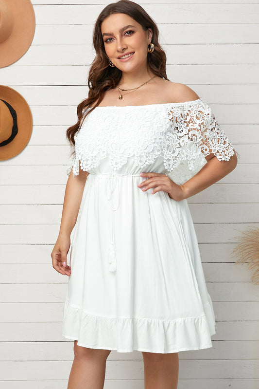 Plus Size Tassel Tie Spliced Lace Off-Shoulder Dress  Dresses- Doll Fits
