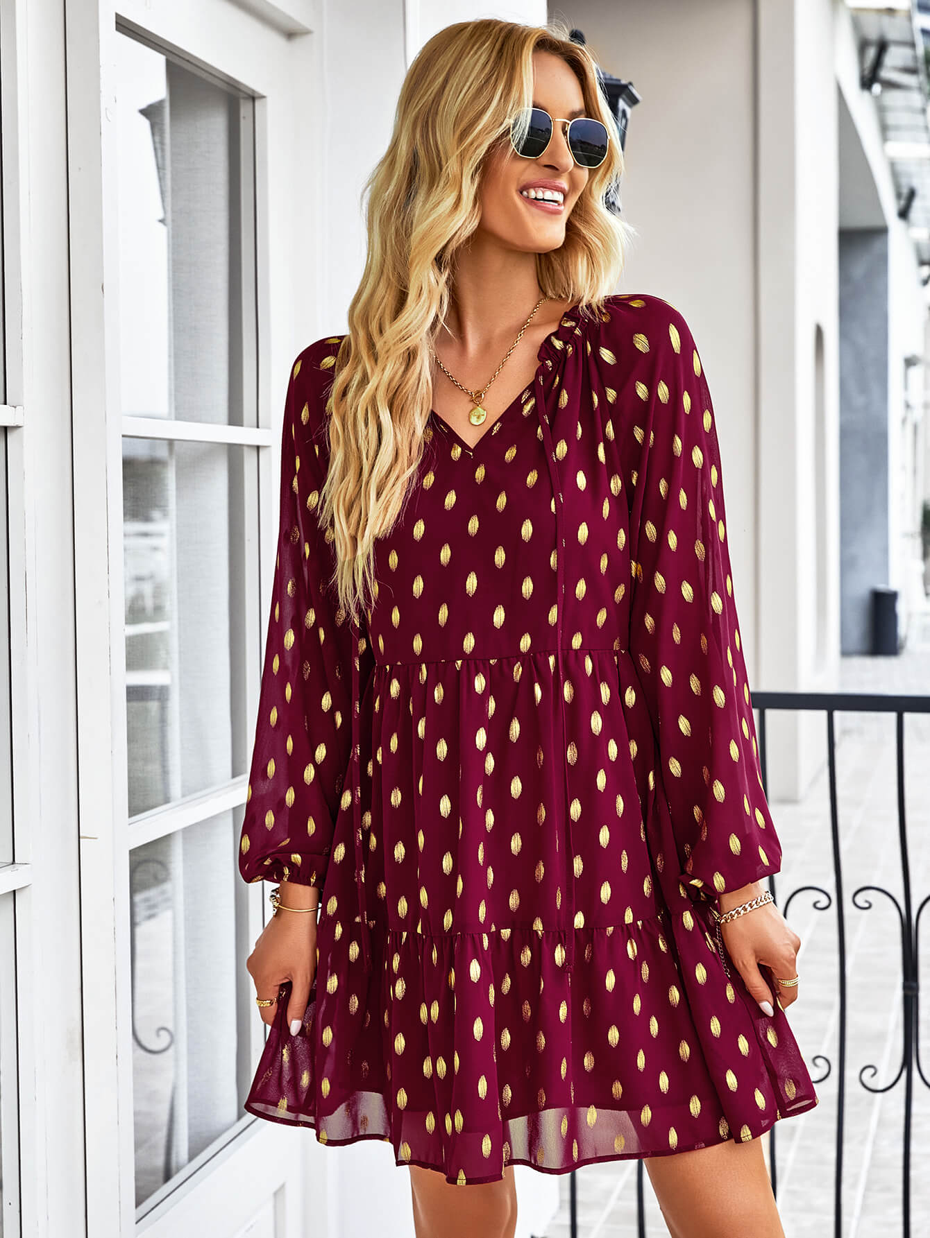 Dotted Tie-Neck Frill Trim Tiered Dress  Dresses- Doll Fits
